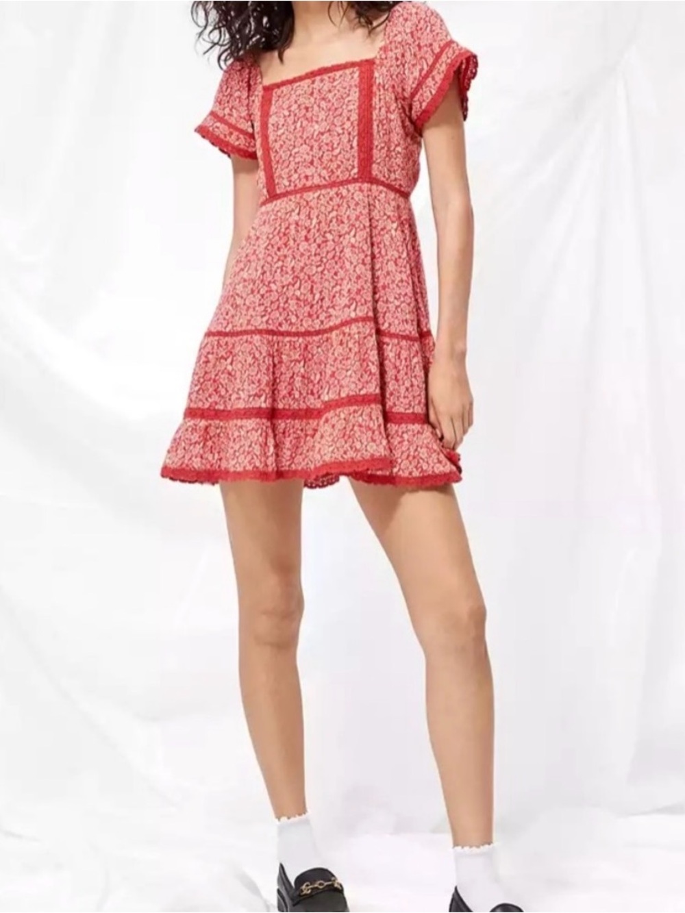 American Eagle Outfitters Red Floral Square-Neck Mini Dress